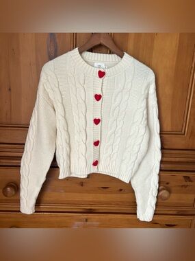 Luna Cream Cream Cable-Knit Cardigan with Red Heart Buttons Size XS